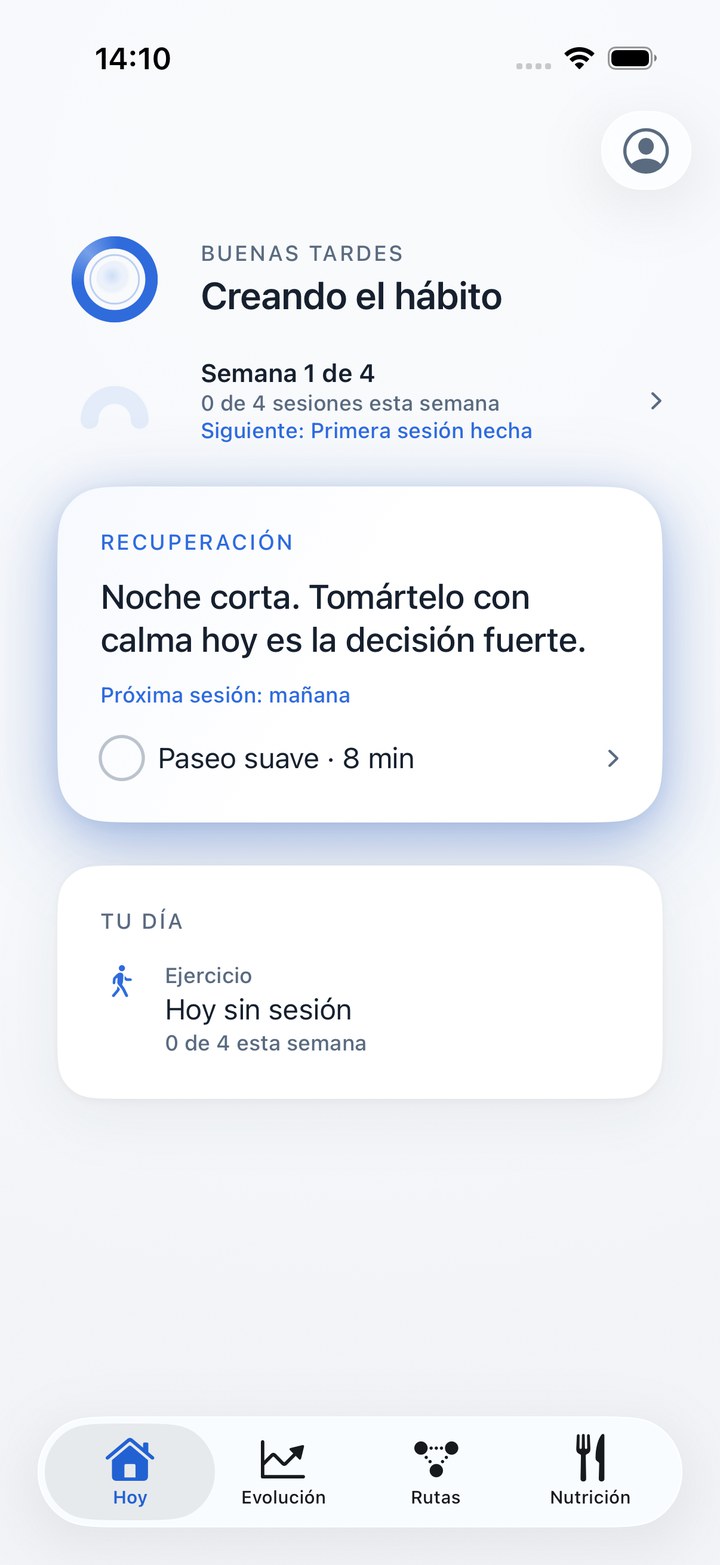 La pantalla de hoy de Otto: un saludo tranquilo, el ciclo en curso y la única acción que toca ahora.